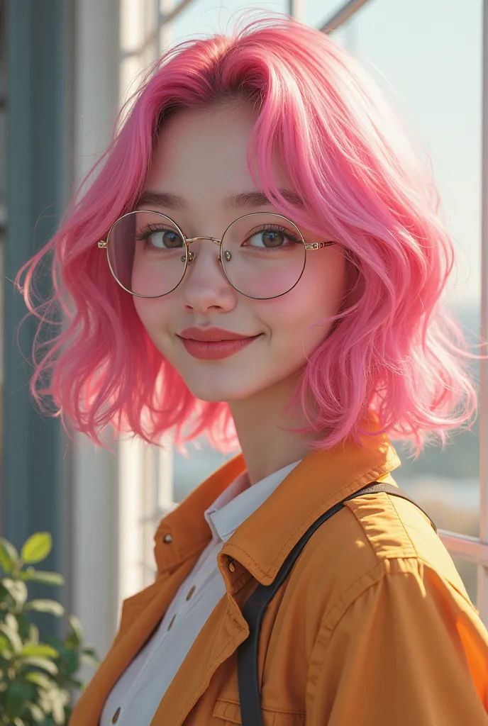 Bright pink wavy hair, bright smile Korean, styled similarly to reality, wearing round glasses, and drawing a realistic picture of the whole body