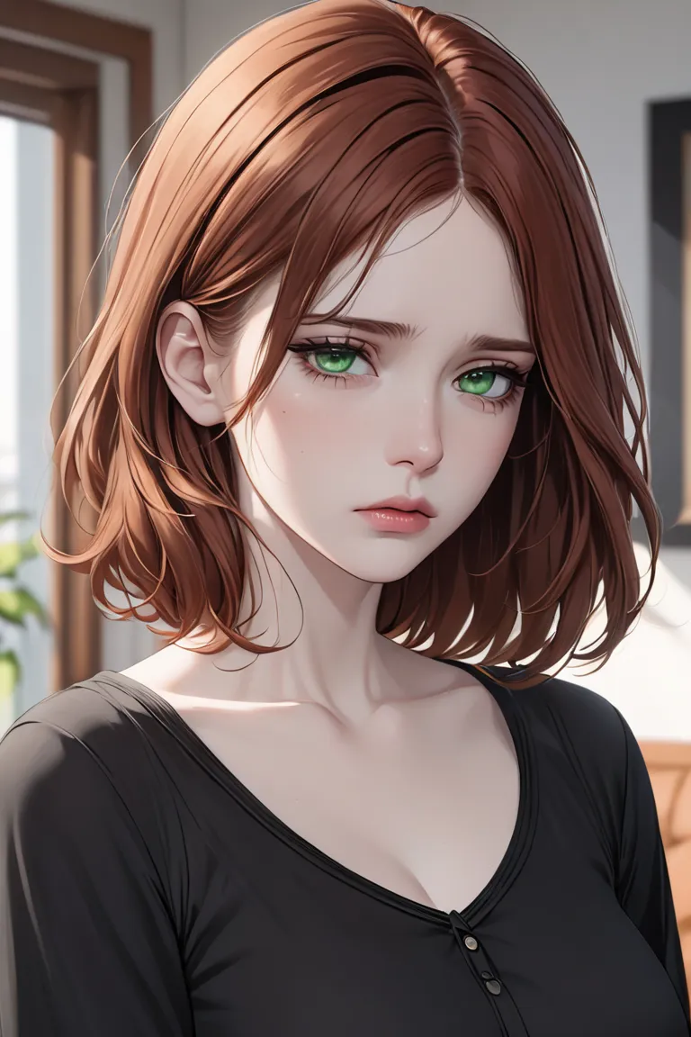 (masterpiece, best quality, 8k, high definition), whole body, woman, neck-length auburn hair, mid-chest, soft green eyes, soft lips, pale skin, beautiful face, wearing black blouse, natural light, detailed background, Detailed Illustration Art, standing in...