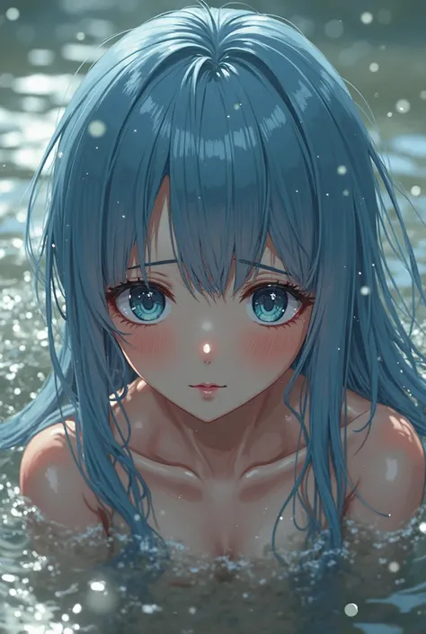 A moe  anime style girl with long blue hair and bangs,  girls completely naked, Falling Down and Her Entire Face Completely Sinks in Muddy Water, Water Splashes Around, Her Body Falls Naturally to the Ground, Motion Lines and Effects Expressing the Impact ...