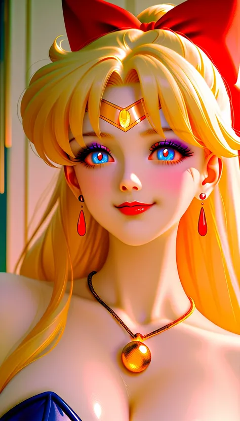 score_9,score_8_up ,score_7_up , very beautiful girl,    Masterpiece,    Hi-Res,    raw photo,realistic photo,   cute,1 girl, Atsugessho:5.0,(Minako Aino\(Sailor Moon\)):4.5,   Heavy makeup,    long hair, (   Gold hair:1.1),  (   white skin:1.3), , Red gem...