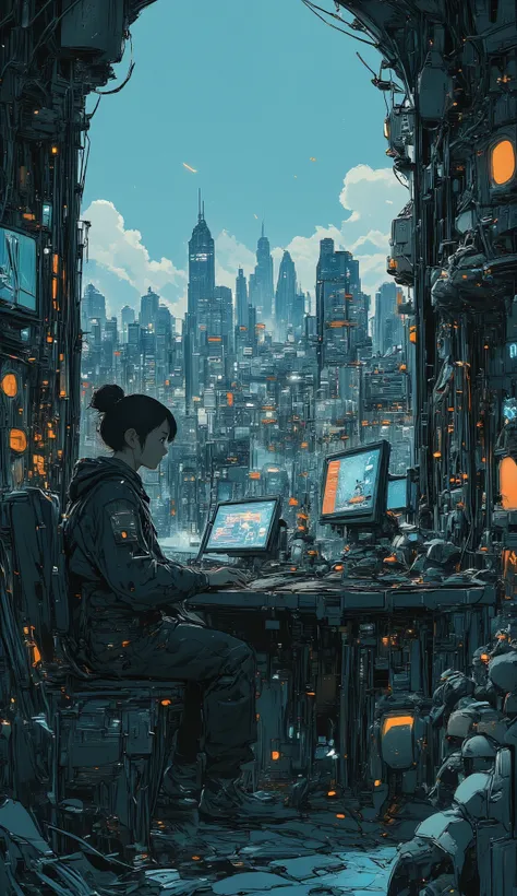 There's a person sitting in front of a computer in a room, cyberpunk art inspired by Josan Gonzalez, in a city with a fire , Computer Art, Joe Gonzalez and dan mumford, game cover art, detailed cyberpunk illustration , Beeple masterpiece, Joe Gonzal...