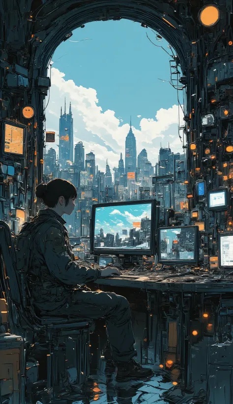 There's a person sitting in front of a computer in a room, cyberpunk art inspired by Josan Gonzalez, in a city with a fire , Computer Art, Joe Gonzalez and dan mumford, game cover art, detailed cyberpunk illustration , Beeple masterpiece, Joe Gonzal...