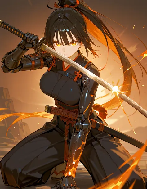 best quality, high detailed, Samurai Girl, mechanical right arm, iai stance, katana, big weapon, frozen flame arm, Slash effect, serious, beautiful eyes, super fine eyes