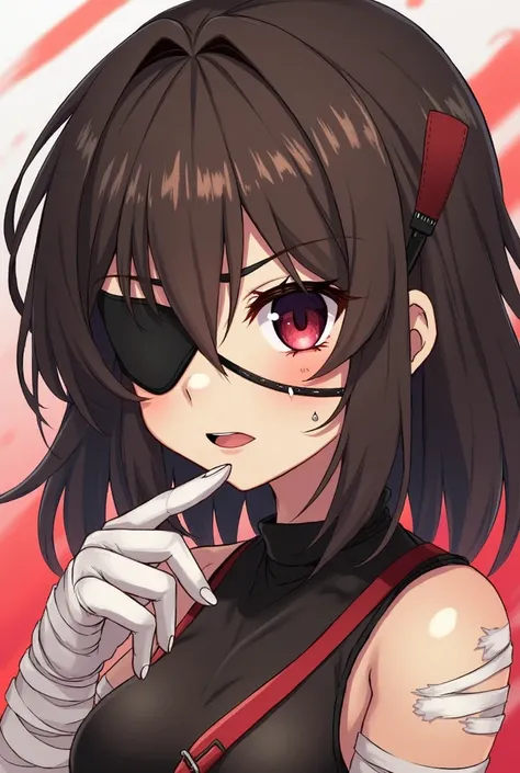 Anime girl from Fire Force, low set sharp dark crimson eyes, thick black eyepatch covering right eye, deep gash claw like scars under the patch that travel all the way down her face, mid length dark brown layered hair and messy layered bangs, scar across t...