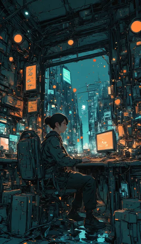 There's a person sitting in front of a computer in a room, Inspired by Josan Gonzalez, , Joe Gonzalez and dan mumford, game cover art, detailed cyberpunk illustration , Beeple masterpiece, Joe Gonzalez , game cover , greg Beeple, Beeple!!, video...