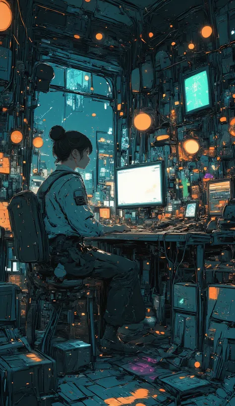 There's a person sitting in front of a computer in a room, Inspired by Josan Gonzalez, , Joe Gonzalez and dan mumford, game cover art, detailed cyberpunk illustration , Beeple masterpiece, Joe Gonzalez , game cover , greg Beeple, Beeple!!, video...