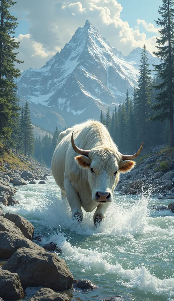 This is your requested image, featuring a white cow struggling in the river, with splashing water and a background of dense pine trees and mountains. Let me know if you need any changes!

