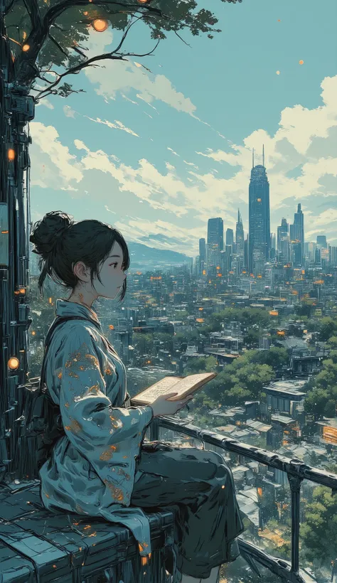 Anime girl reading a book on a balcony with city views, anime picture by Yuya , trending on pixiv, ukiyo-e, Lofi Girl , Anime aesthetics, Lofi Girl aesthetic, Tokyo Anime Scene , anime atmosphere , Girl Sitting on the Rooftop , Lofi Artstyle, lofi f...