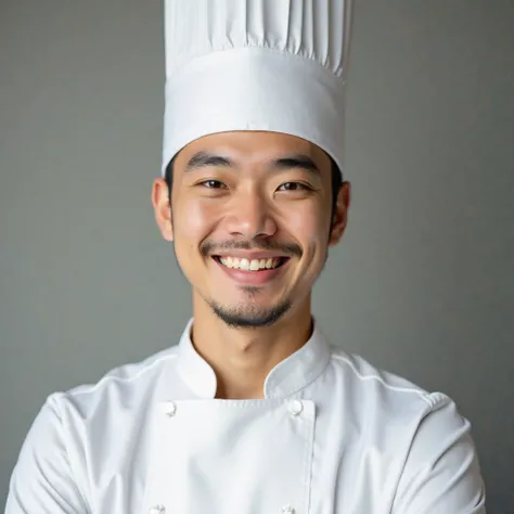 A professional Chief,Asian boy with slim face light beard wearing chief cap doing smile front of camera 