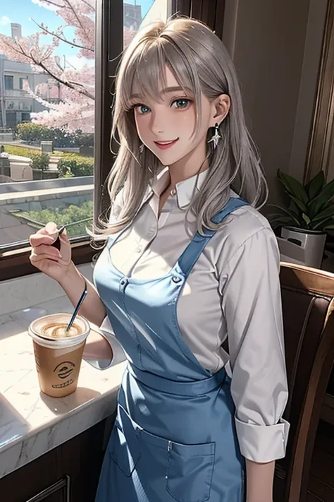 (from above:1.1),((1girl, silver hair, long hair, qutel blue eyes, beautiful eyes, pretty smile:1.5, ), coloring watercolor digital pencil ,Cherry blossoms falling,an animated painting of a woman in an apron standing at a coffee maker, 1girl, brown hair, s...