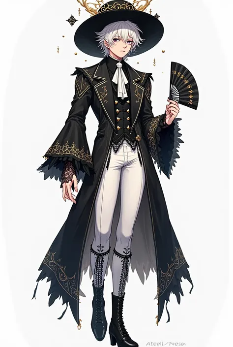 A full-body 2D illustration in anime style of a masculine, handsome, and hot pale-skinned boy with short, platinum-blonde wavy hair and dramatic dark eye makeup, giving him a mysterious, alluring appearance. His sharp facial features and confident expressi...