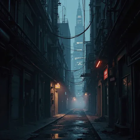 Cyberpunk city, lane, Dark environment, few colors , white balance