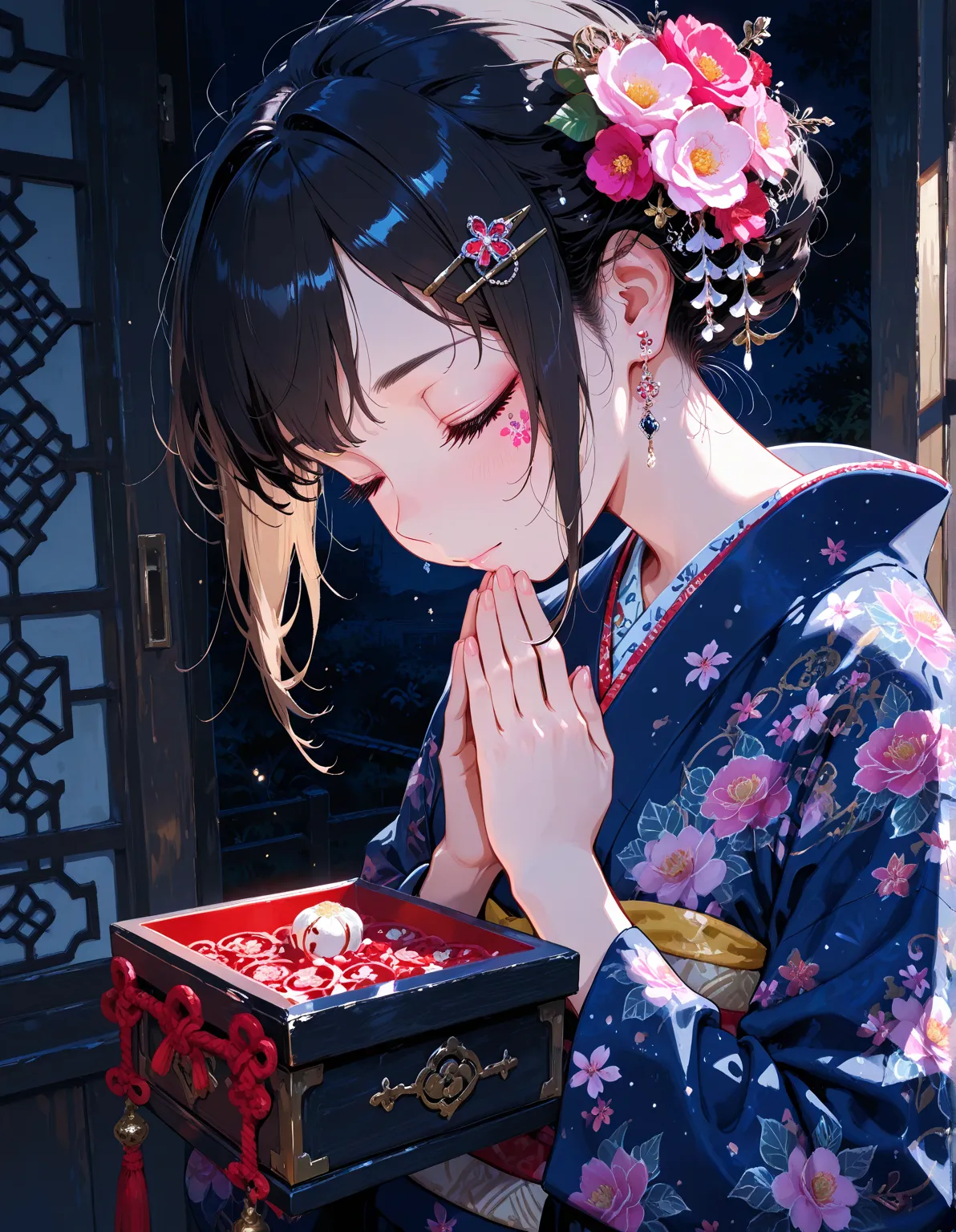 (masterpiece, TOP QUALITY, great quality, detailed background, intricate details, that's ridiculous, very aesthetic),beautiful woman,
break 25years old,Age 25,  kimono, hairpins, glittering patterns, detailed patterns, complex patterns, Japanese-style patt...