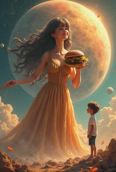 It represents a young woman as big as a planet who eats a McDonald's sandwich and with her there is a thin boy who calls her aunt Valeriaaaaaa