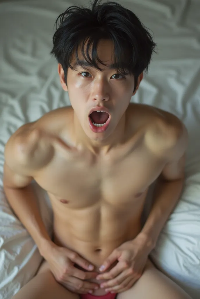 Sexy ,Male,Cute boy ,asia, black hair,nude,male,18yo.
, pale skin, thin thighs, , thin,, 35mm photo sitting on a man's sheet, realistic image, sexy thighs, shocked pose, excited, touching, hand between his legs, legs open, no panties