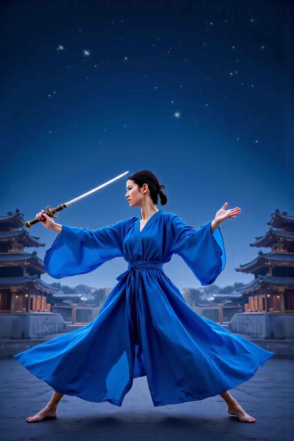 She wears a blue hanbok and holds a sword in one hand (((swordplay,martial arts,Kendo)))I'm doing it.You can see shooting stars falling, and you can see a huge palace.