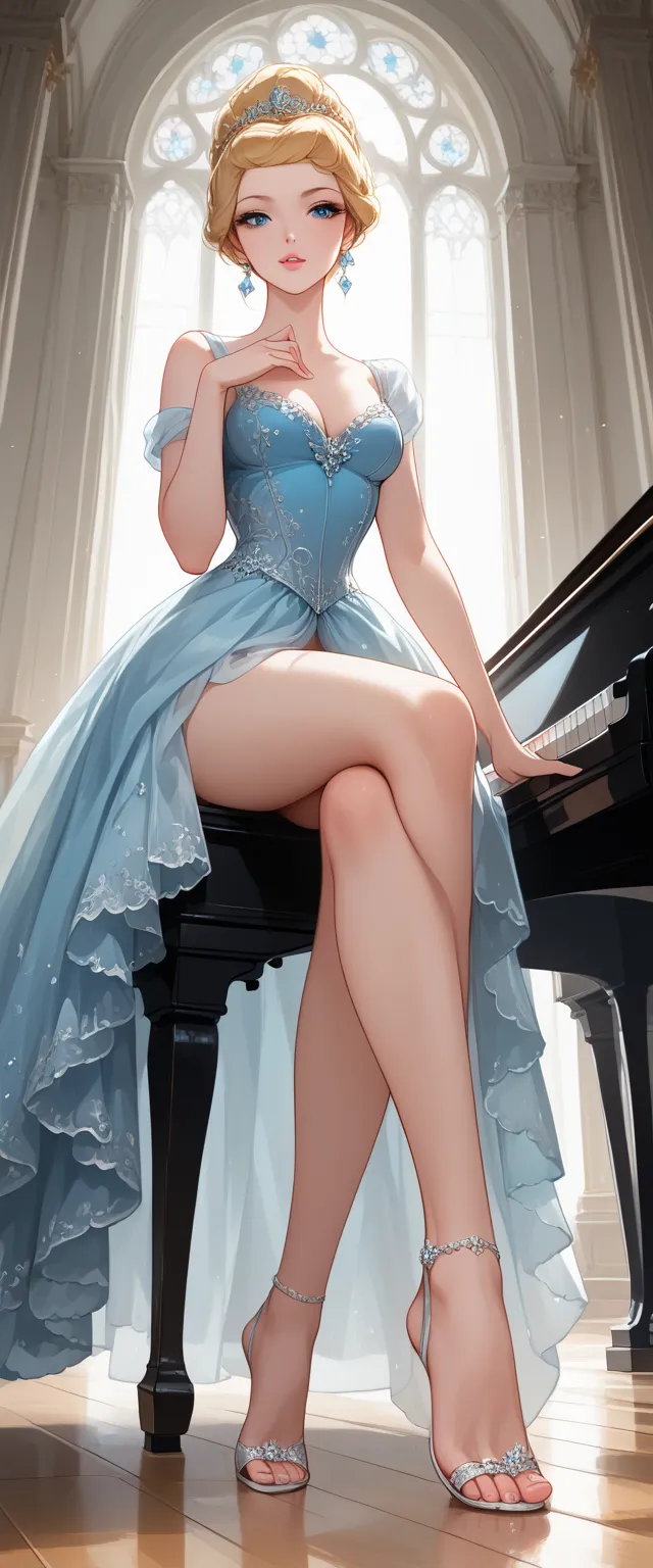 score_9, score_8_up, full body view low angle portrait, BREAK Cinderella,1girl, solo, blonde hairup, blue eyes, thin face, sitting in an elegant music hall, (Princess Cinderella sitting naked playing the piano, stiletto open toes, modeling in a very sexy p...