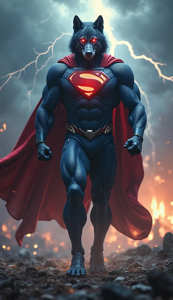 A majestic yet fearsome Superman-Wolf hybrid stands tall like a legendary guardian, its muscular body radiating raw power, wrapped in a sleek, Kryptonian-inspired suit with the iconic "S" emblem glowing on its broad chest. Its fur, dark and shimmering with...