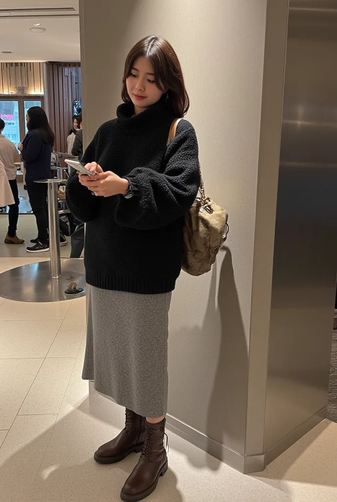 a woman meeting alone、Girls in their 20s、japanese woman、Winter clothing、Fashion magazine outfits、Looking at a smartphone、Telephoto shooting、wearing a black knit and gray long skirt、 I'm wearing brown boots 、I'm carrying a branded shoulder bag over my shoul...