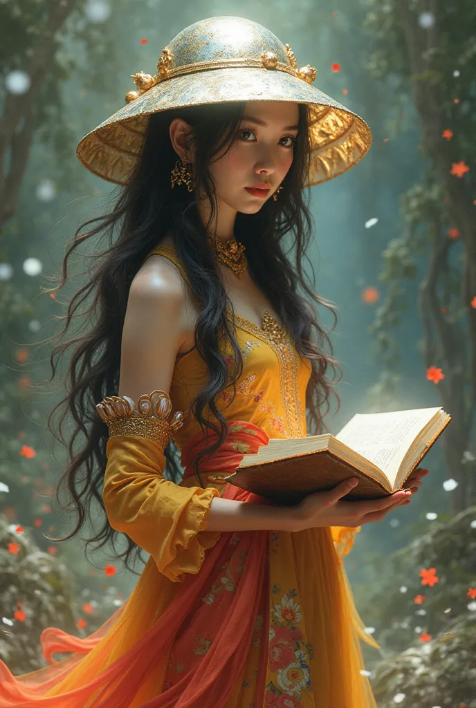 create a long haired girl , wearing a long Vietnamese dress carrying a book and wearing a foil hat