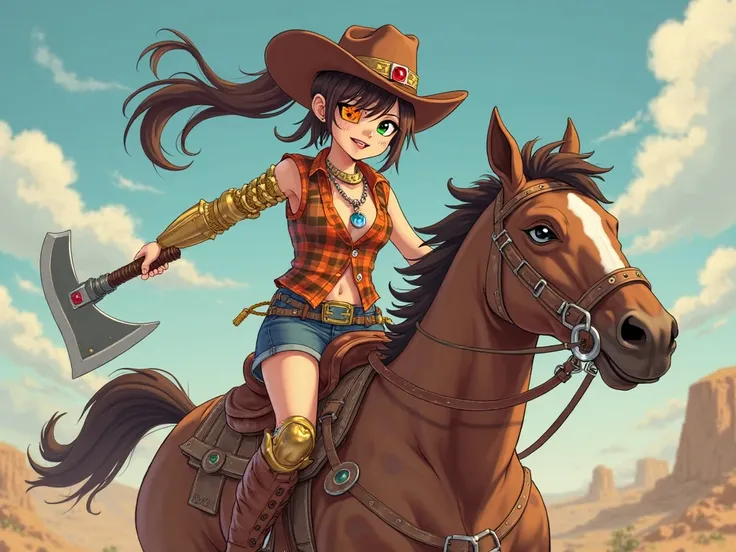 anime busty tomboy brown cowgirl hat rough brown ponytail hair right eye covered by red orange yellow highlights green left eye band aid on nose fang coming out of mouth blue fire charm necklace with ruby brown sleeveless western vest orange plaid short sl...