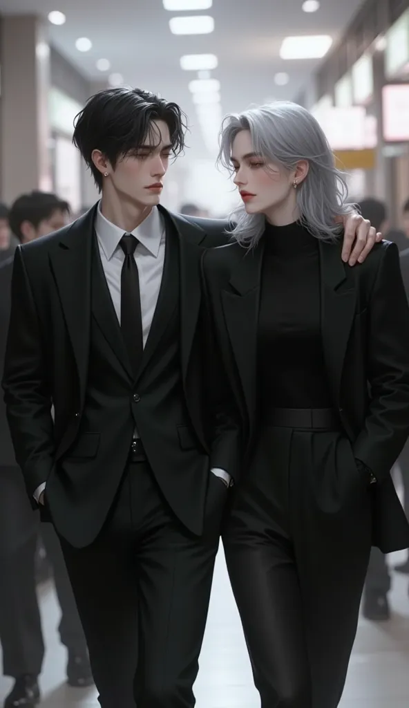 2 people , 20 years old, height 1m7 , wearing a black suit,  handsome face, Korea, Depressed face , wear earrings , walking , 1 silver-haired woman, They are shaking each other's shoulders and laughing , the other is wearing a black jacket, 2 people  đều l...