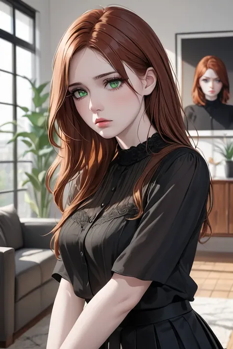 (masterpiece, best quality, 8k, high definition), whole body, woman, neck-length auburn hair, mid-chest, soft green eyes, soft lips, pale skin, beautiful face, wearing black blouse, black skirt, natural light, detailed background, Detailed Illustration Art...