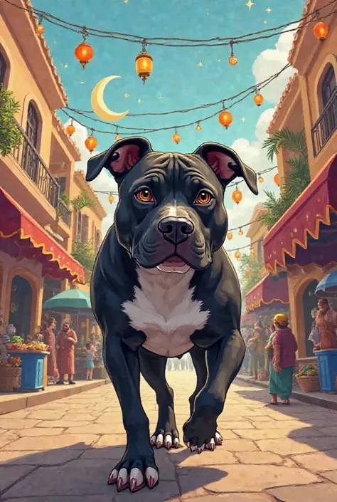 A full-length cartoon picture of a black pitbull dog with a black face and a white neck. He has hazel eyes walking on a street full of Ramadan 