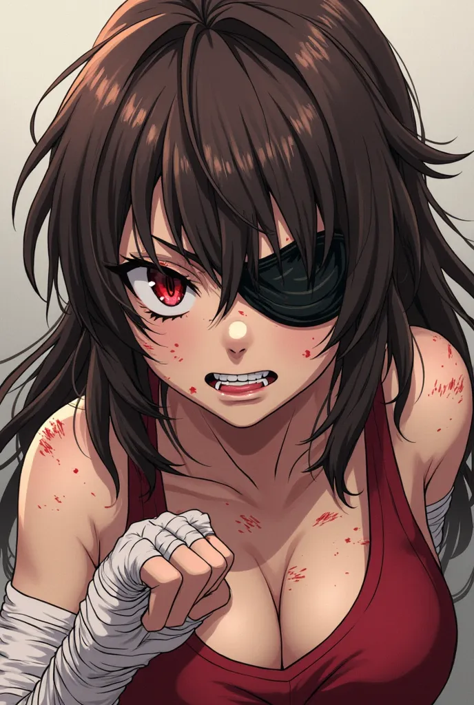 Anime girl from Fire Force, low set sharp dark crimson eyes, thick black eyepatch covering right eye, deep gash claw like scars under the patch that travel all the way down her face, mid length dark brown layered hair and messy layered bangs, forearm+finge...