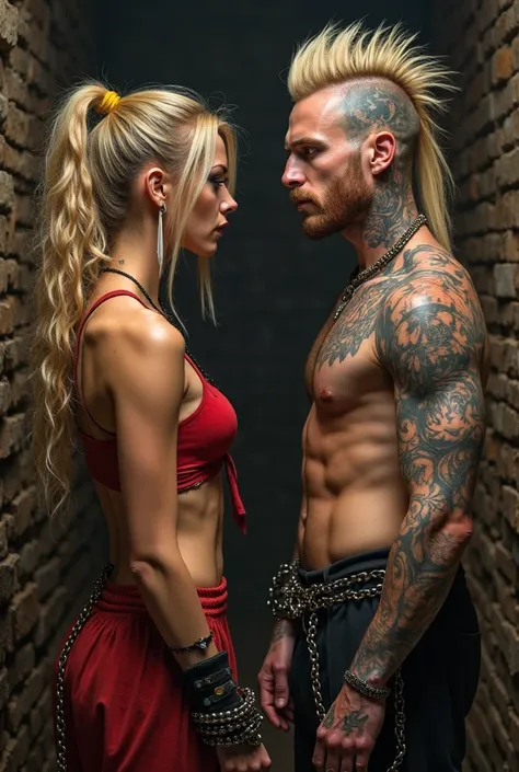 Tattooed male model long mohawk that ends at the top of the head, longer in front near forkead and shorter back you go hearcut is pushed to the one side of the head it covers half the face no tails of hair in the back it is the front. Blond, with blond mus...