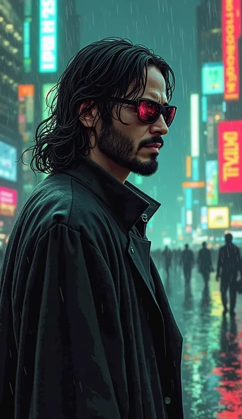 A breathtaking 2D hand-drawn illustration of John Wick, captured in a full-body side-profile candid shot, adjusting his futuristic Matrix-inspired sunglasses. His long, wavy black hair, damp from the rain, partially obscures his rugged French beard and sha...