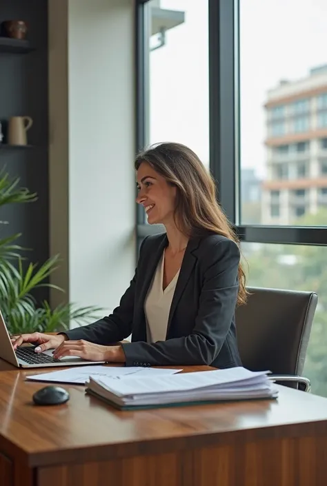 très belle brune 25 ans en femme d'affaire, assise à un bureau en bois, devant son ordinateur, derrière une fenêtre où on voit une grande tour. La pièce est dans une salle vitrée, elle regarde le viewer et sourit. Vue de loin, 5 mètres, en dehors du bureau...