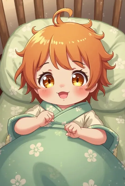 anime baby girl, golden eyes, orange short hair, Ropita by Kinomo light green,little baby,In his crib, 
