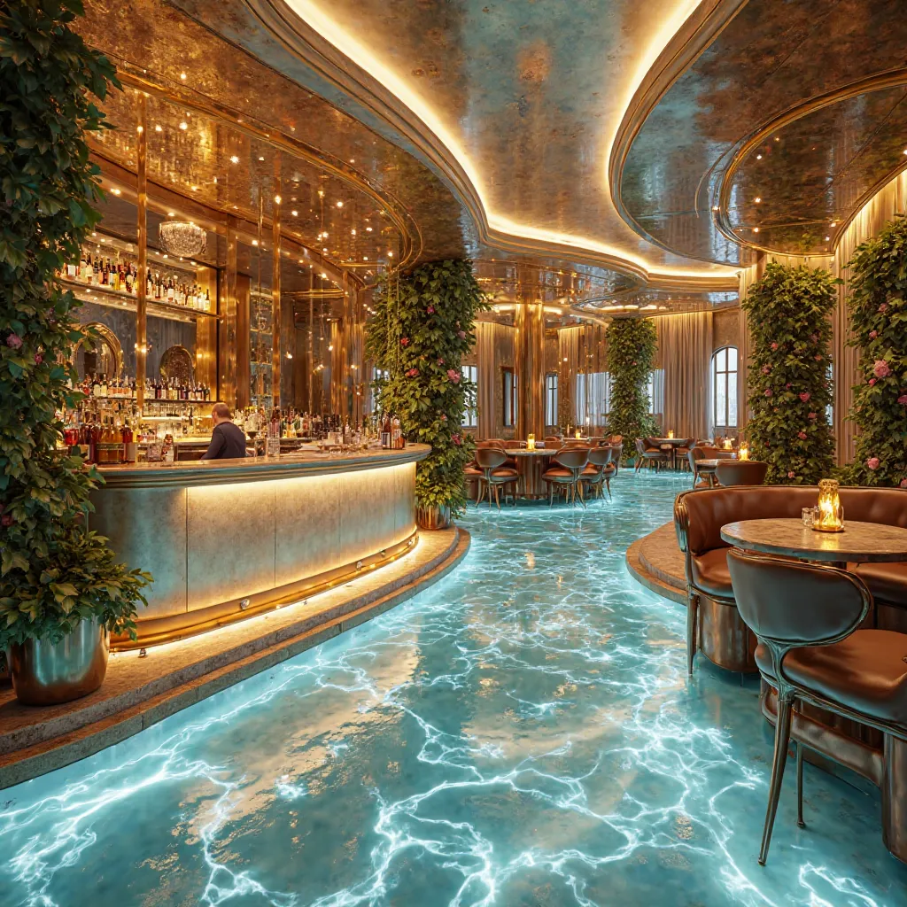 realistic photo, best quality, no humans, a luxurious and futuristic pub with an oceanic-inspired aesthetic. The space features silver and gold tones, high-end Lounge seating sets, and a floor with glowing water-like patterns. Soft golden lighting and eleg...