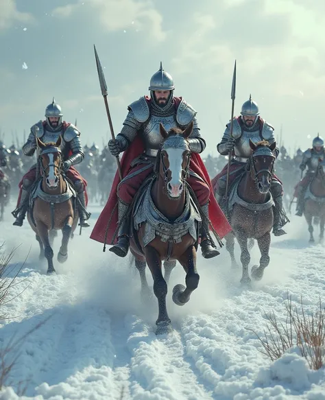 Photorealism. Russian knights in shining iron chain mail and pointed helmets, on horseback, rush in their last attack across the snowy plain, tilting their spears at the enemy