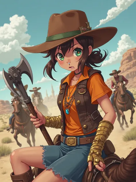 anime busty tomboy brown cowgirl hat rough brown ponytail hair right eye covered by red orange yellow highlights green left eye band aid on nose fang coming out of mouth blue fire charm necklace with ruby brown sleeveless western vest orange plaid short sl...