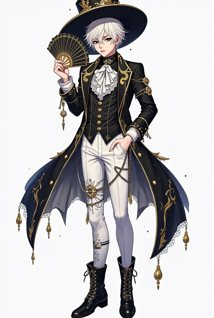 A full-body 2D illustration in anime style of a masculine, handsome, and hot pale-skinned boy with short, platinum-blonde wavy hair and dramatic dark eye makeup, giving him a mysterious, alluring appearance. His sharp facial features and confident expressi...