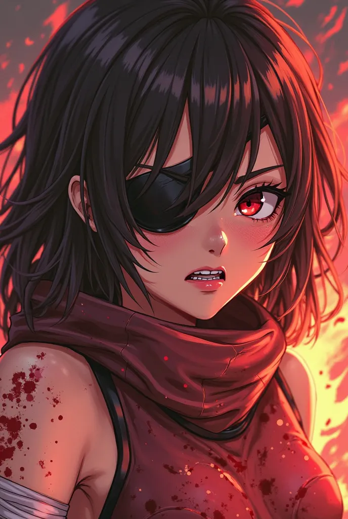 Anime girl from Fire Force, low set sharp dark crimson eyes, thick black eyepatch covering right eye, deep gash claw like scars under the patch that travel all the way down her face, mid length dark brown layered hair and messy layered bangs, forearm+finge...