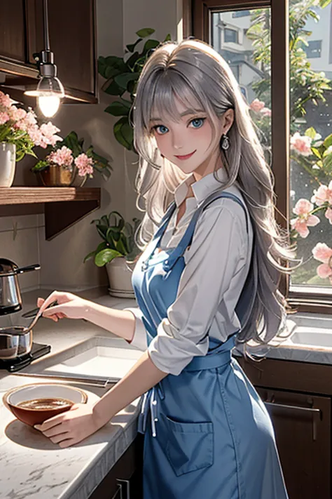 (from below:1.1),((1girl, silver hair, long hair, qutel blue eyes, beautiful eyes, pretty smile:1.5, ), coloring watercolor digital pencil ,Cherry blossoms falling,an animated painting of a woman in an apron standing at a coffee maker, 1girl, brown hair, s...