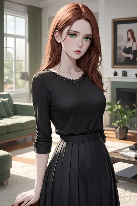 (masterpiece, best quality, 8k, high definition), whole body, woman, neck-length auburn hair, mid-chest, soft green eyes, soft lips, pale skin, beautiful face, wearing black blouse, black skirt, natural light, detailed background, Detailed Illustration Art...