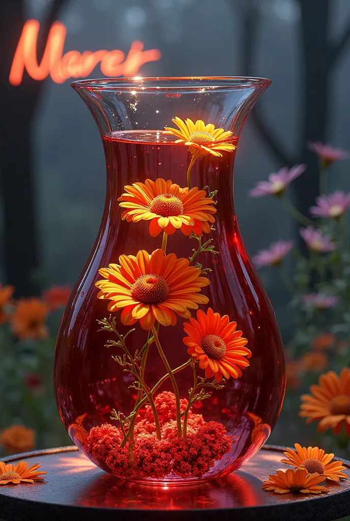 masterpiece of glass sculpture，There are calendula soaked in glass，The inside is filled with dark red transparent water，night name 
written with light glowing，fanciful，high qulity，high detal，best qualtiy，RTX，4K，8K，The