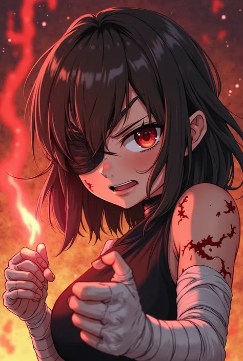 Anime girl from Fire Force, low set sharp dark crimson eyes, thick black eyepatch covering right eye, deep gash claw like scars under the patch that travel all the way down her face, mid length dark brown layered hair and messy layered bangs, forearm+finge...