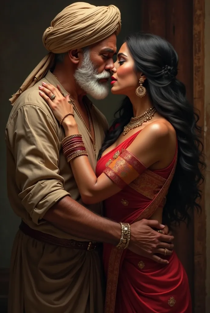 indian girl in a silk saree, old man in turban man kissing her from behind, dark, room, love, relation, big breasts, cleavage, blouse, kiss, lips,