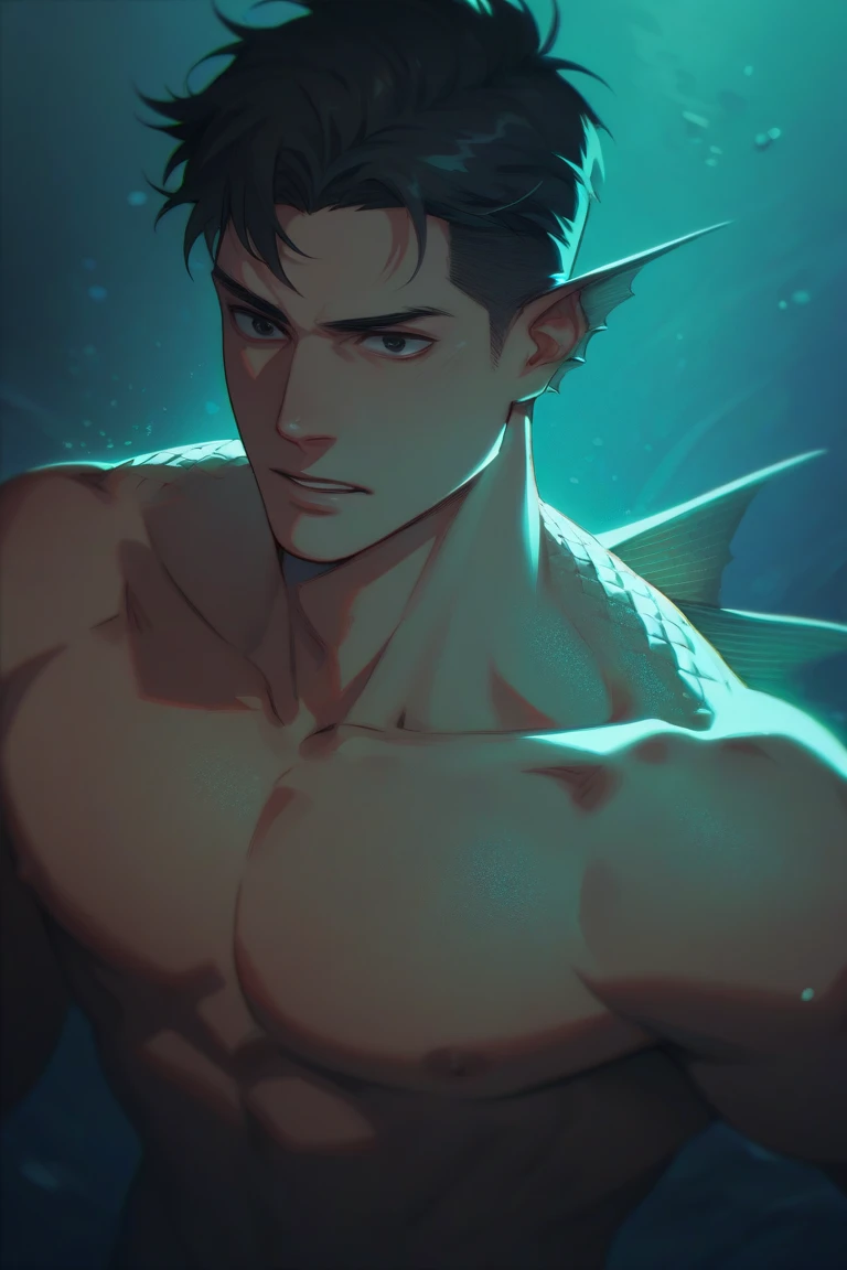 Male character, Humanoid sea monster, Half-human, half sea monster, Fins ears, Scales on skin, Dark hair, Stoic expression, Handsome, Black eyes, Shirtless; Dark, Eerie, and Psychopathic theme, Domestic background.