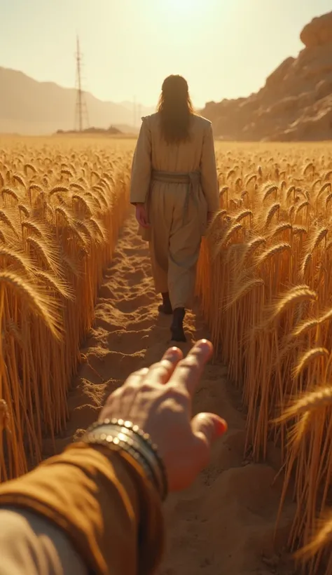 "An ultra-realistic point-of-view image (throw), capturing the first-person perspective of someone walking on a wheat field in Babylonian times. The character's hands and body parts are visible, creating the feeling of immersion, as if the spectator were a...