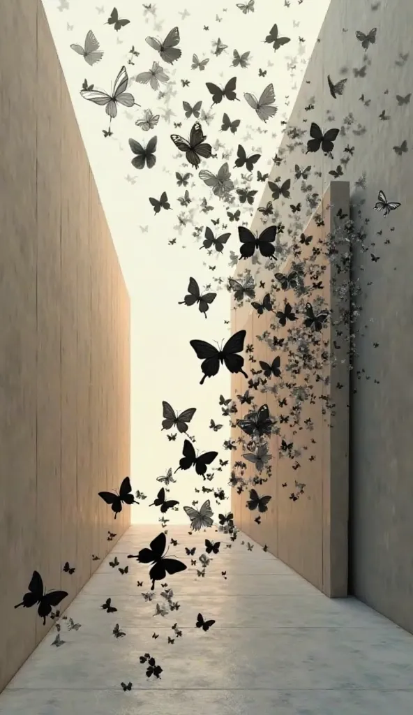 beige and gray walls in one black butterflies fly in a swarm 