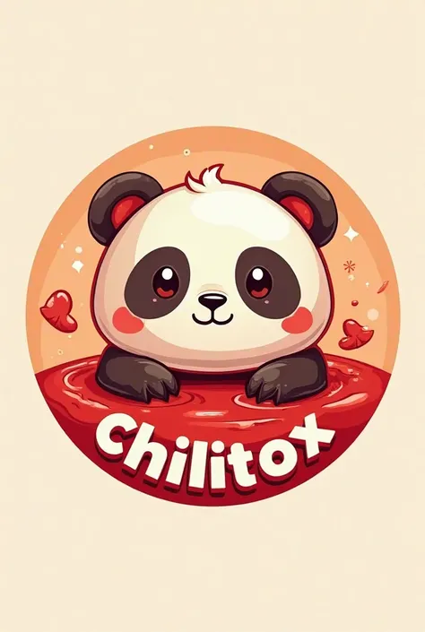 circular logo for label for “ChilitoX”,Sale of cute gummies and candies, Cute and faceless panda gummy bathed in sweet red sauce 
