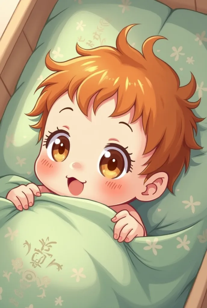 anime baby girl, golden eyes, orange short hair, Ropita by Kinomo light green,little baby,In his crib, 
