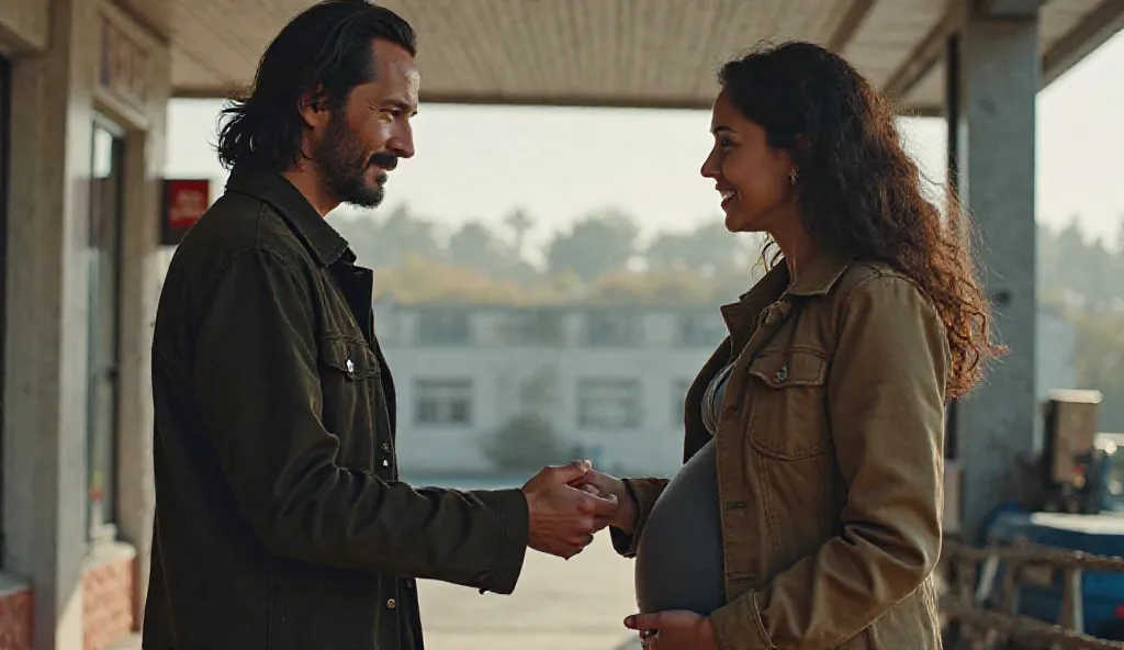 Keanu Reeves, standing outside the gas station, extends a thick envelope of cash toward the shocked pregnant woman, who hesitates, unsure whether to accept it.