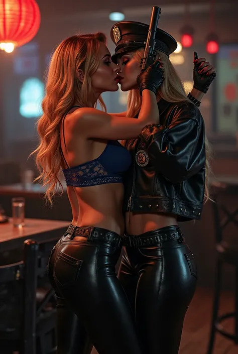 Hyper Photorealistic、Full live-action version、Blonde long hair、Well-proportioned  face、Big eyes and red glossy lips、Tall girl、Long legs、latex heels、Wear a sexy blue police officer sexy lacy rhinestone bra and tight cropped leather jacket with police badge、...